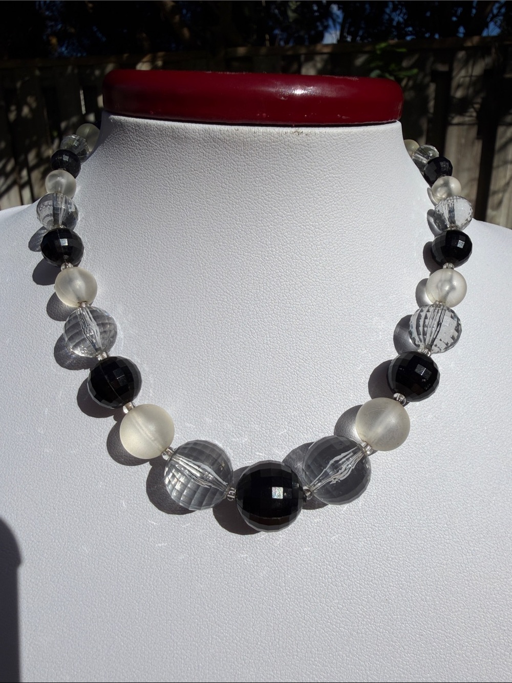 Vintage Western Germany Black Clear Frosted Lucite Graduated Bead Choker